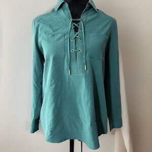 Chicos Top Womens 0P Small Green Lace‎ Up Tunic Collared Hobo Witchy